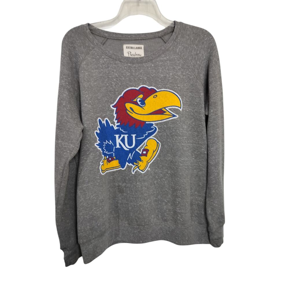 M1160)Pressbox Women Heather Gray Kansas Jayhawks Big Team Logo Sweatshirt XL
